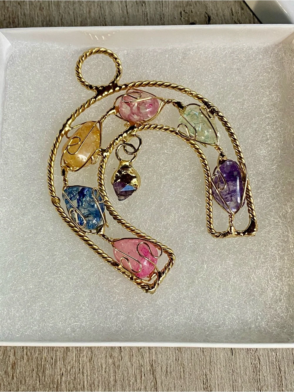 Gold-Tone Multi-Colored Wire-Wrapped Gemstone Pendant
